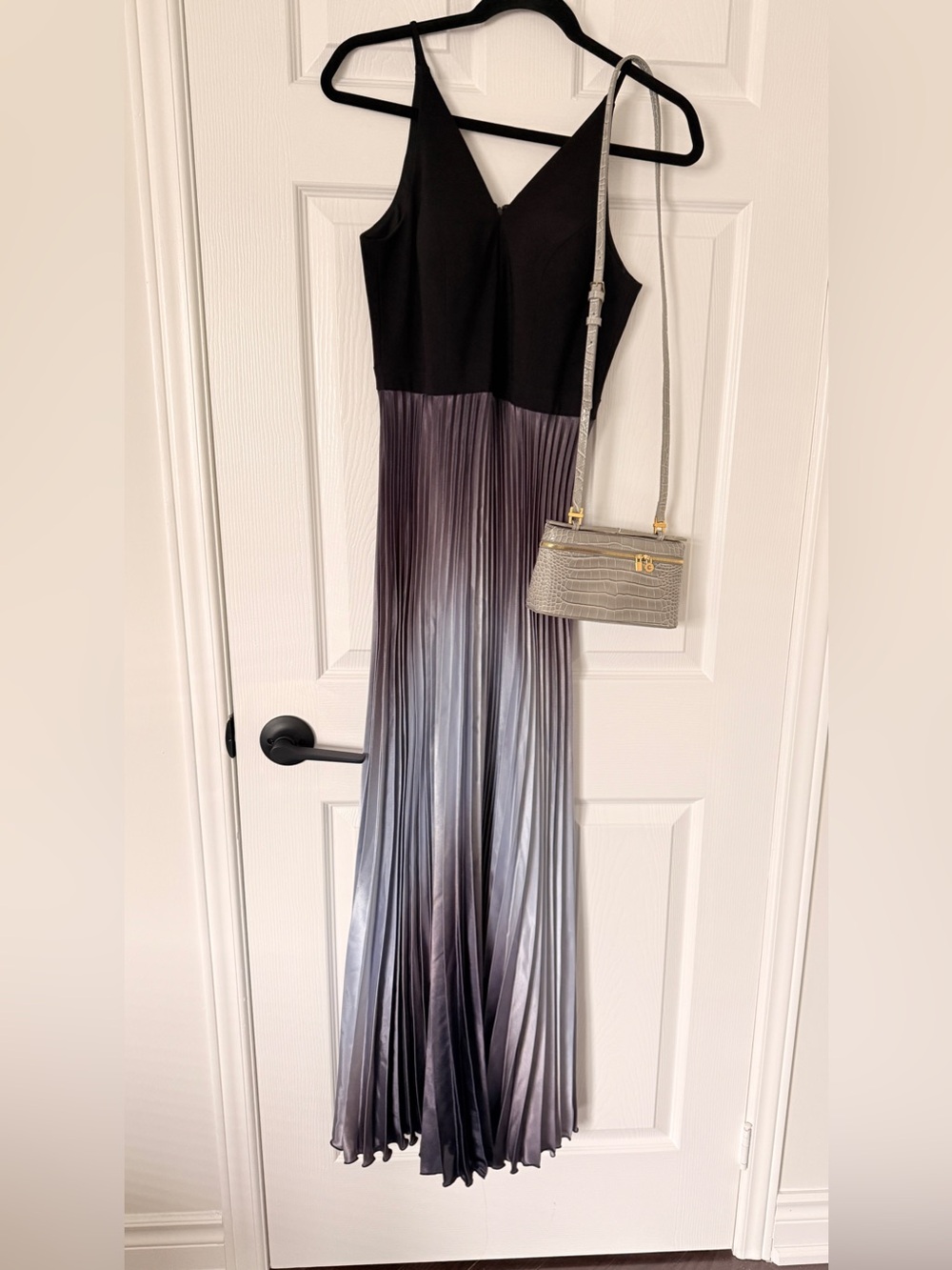 Black to Silver Ombre Pleated Maxi Dress with V-Neck
